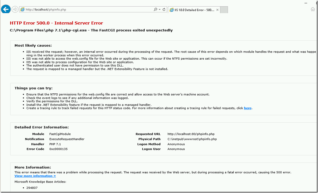 Steps to resolve 500 Internal Server Error for PHP in IIS on Windows 2016