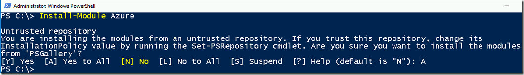 Installing Microsoft Azure Modules in Powershell on Windows 2016 server