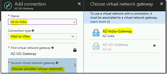 Steps to create VNET-to-VNET VPN using Azure Portal