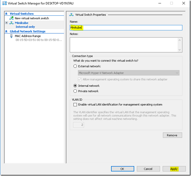 Installing MiniKube on Windows 10 using Hyper-V